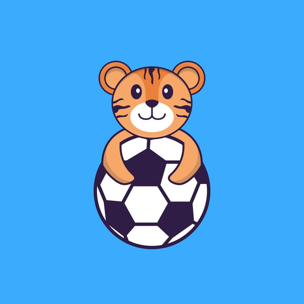 Cute tiger playing soccer. Animal cartoon concept isolated. Can used for t-shirt, greeting card, invitation card or mascot. Flat Cartoon Style vector