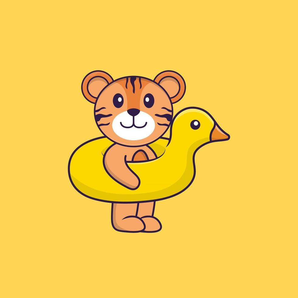 Cute tiger With Duck buoy. Animal cartoon concept isolated. Can used for t-shirt, greeting card, invitation card or mascot. Flat Cartoon Style vector