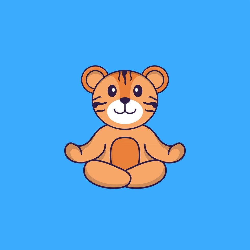 Cute tiger is meditating or doing yoga. Animal cartoon concept isolated. Can used for t-shirt, greeting card, invitation card or mascot. Flat Cartoon Style vector