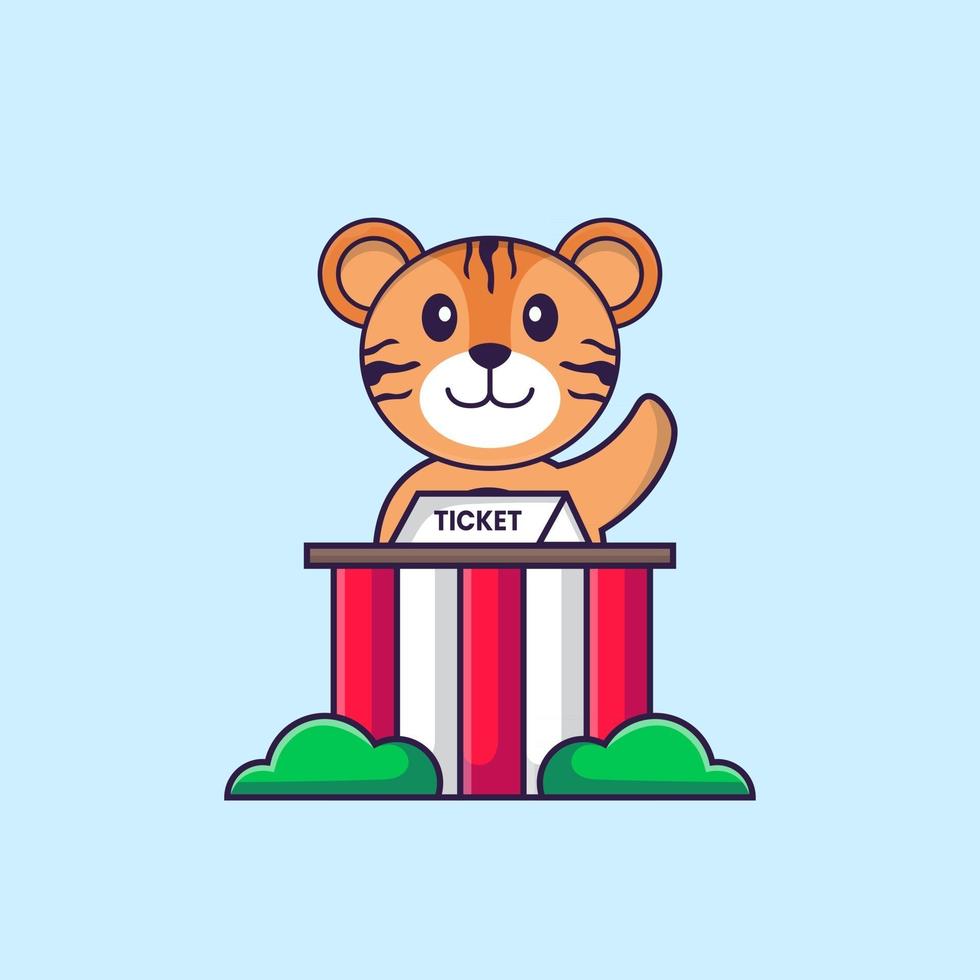 Cute tiger is being a ticket keeper. Animal cartoon concept isolated. Can used for t-shirt, greeting card, invitation card or mascot. Flat Cartoon Style vector