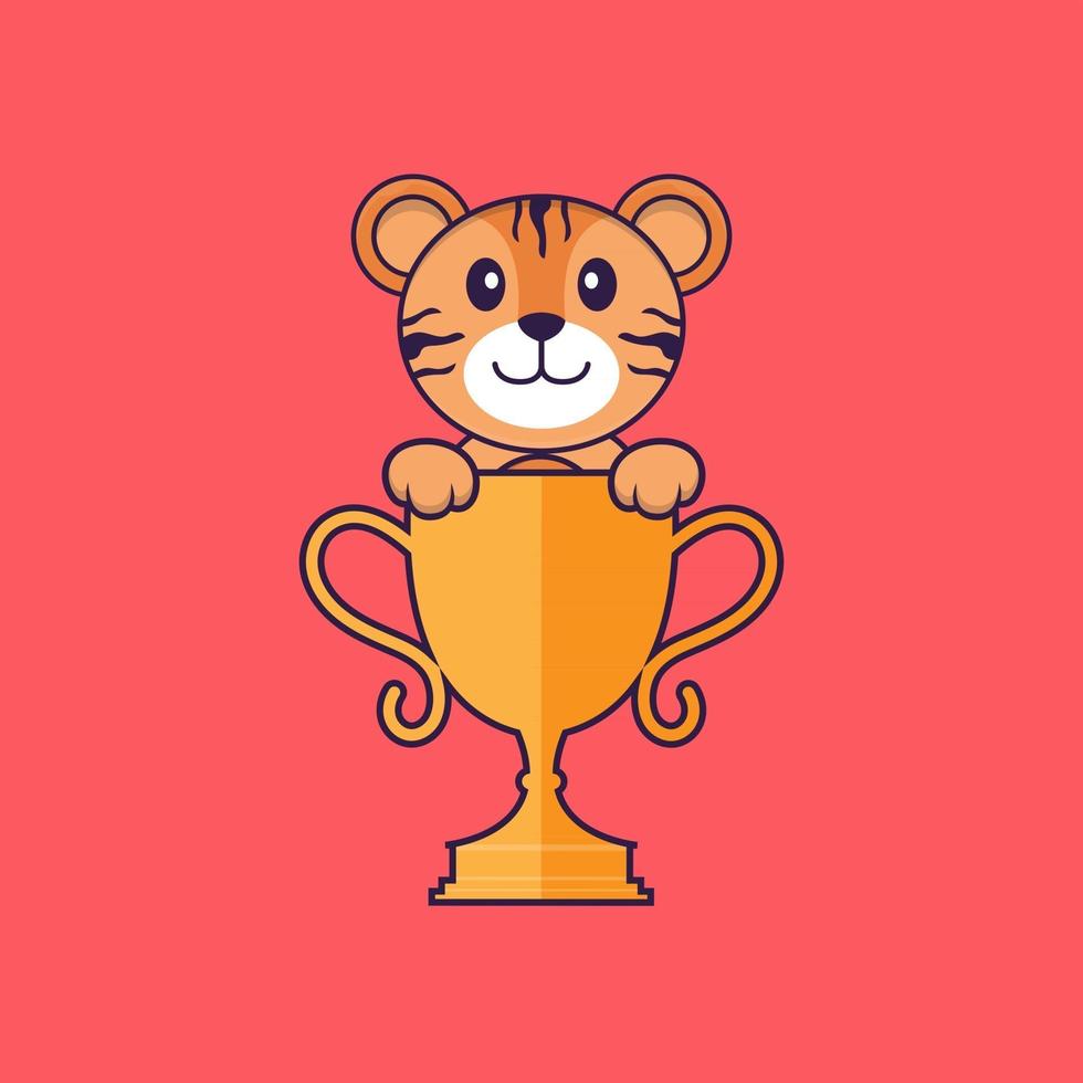 Cute tiger with gold trophy. Animal cartoon concept isolated. Can used for t-shirt, greeting card, invitation card or mascot. Flat Cartoon Style vector