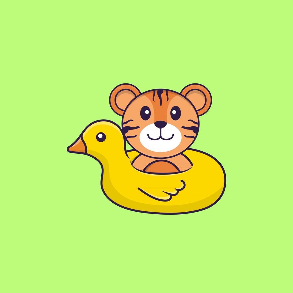 Cute tiger With Duck buoy. Animal cartoon concept isolated. Can used for t-shirt, greeting card, invitation card or mascot. Flat Cartoon Style vector