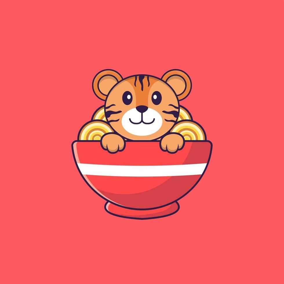 Cute tiger eating ramen noodles. Animal cartoon concept isolated. Can used for t-shirt, greeting card, invitation card or mascot. Flat Cartoon Style vector