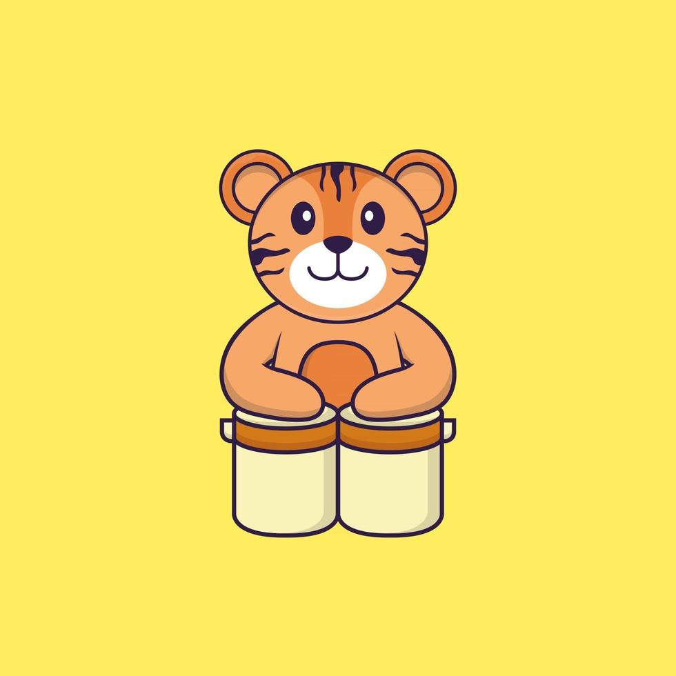 Cute tiger is playing drums. Animal cartoon concept isolated. Can used for t-shirt, greeting card, invitation card or mascot. Flat Cartoon Style vector