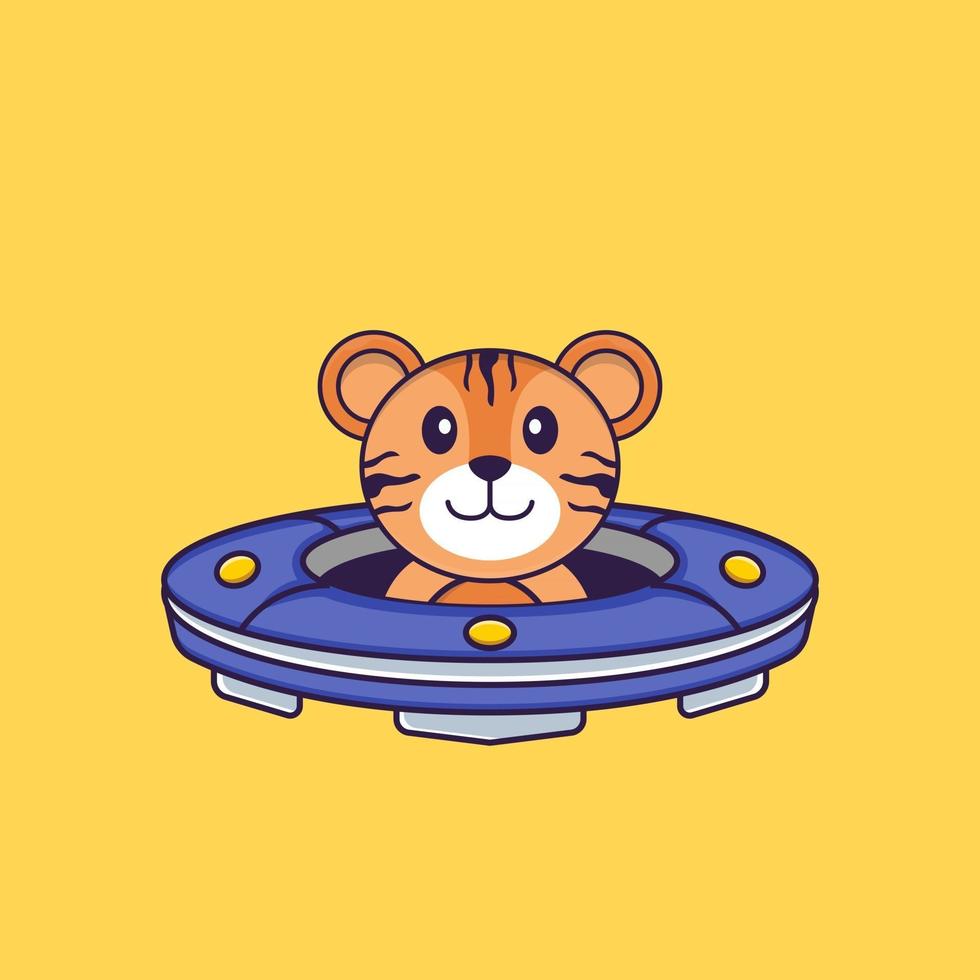 Cute tiger Driving Spaceship Ufo. Animal cartoon concept isolated. Can used for t-shirt, greeting card, invitation card or mascot. Flat Cartoon Style vector