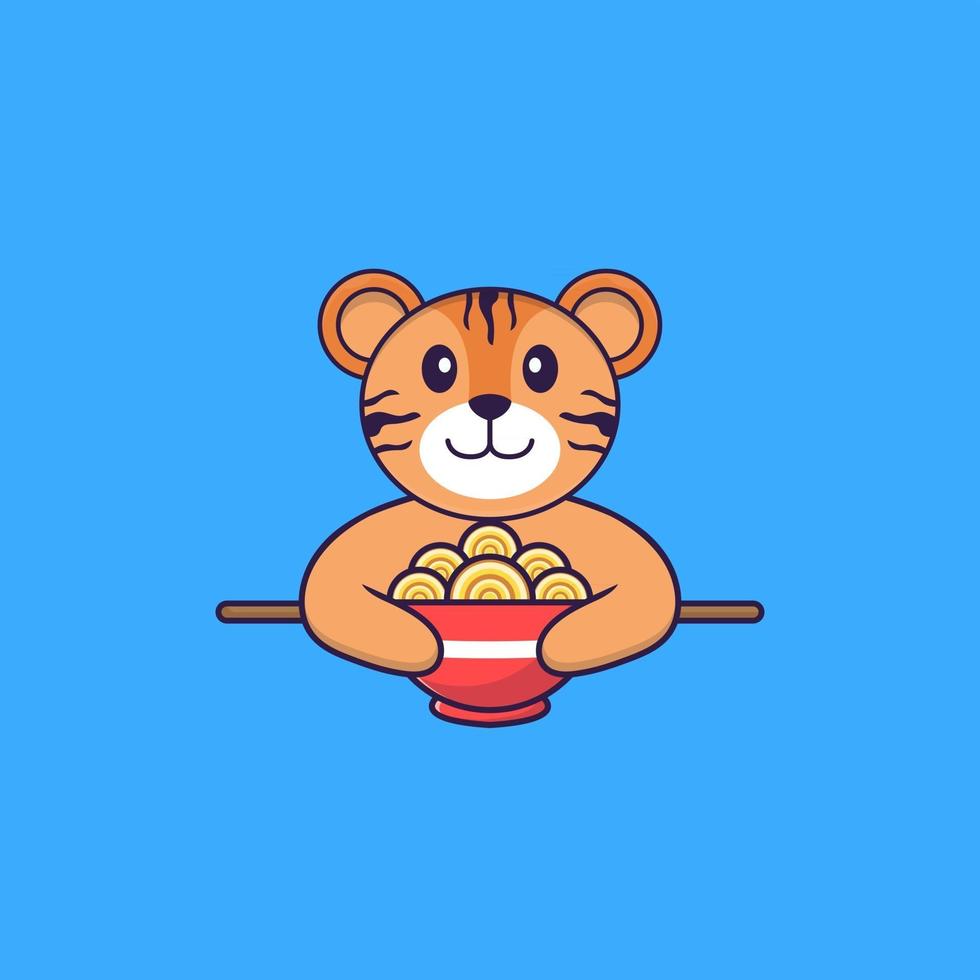 Cute tiger eating ramen noodles. Animal cartoon concept isolated. Can used for t-shirt, greeting card, invitation card or mascot. Flat Cartoon Style vector
