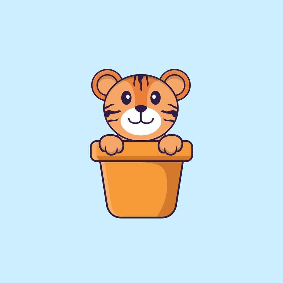 Cute tiger in a flower vase. Animal cartoon concept isolated. Can used for t-shirt, greeting card, invitation card or mascot. Flat Cartoon Style vector