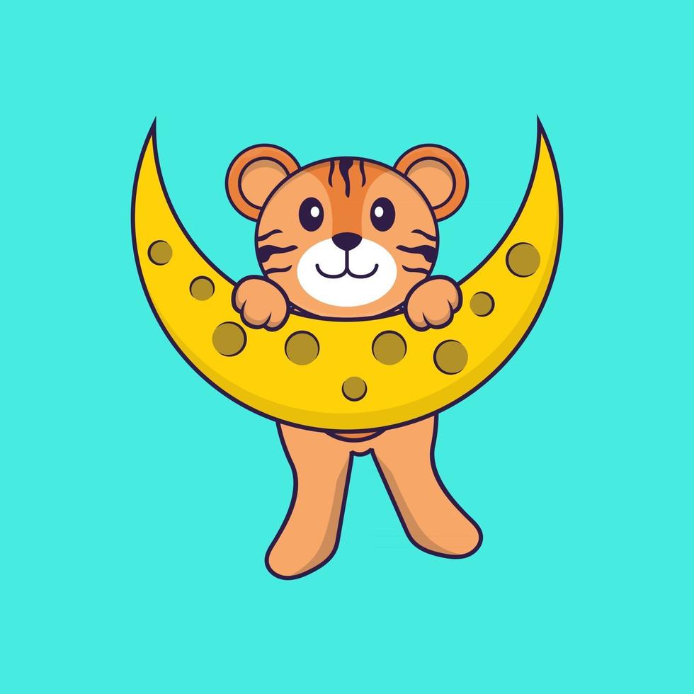 Cute tiger is on the moon. Animal cartoon concept isolated. Can used for t-shirt, greeting card, invitation card or mascot. Flat Cartoon Style vector