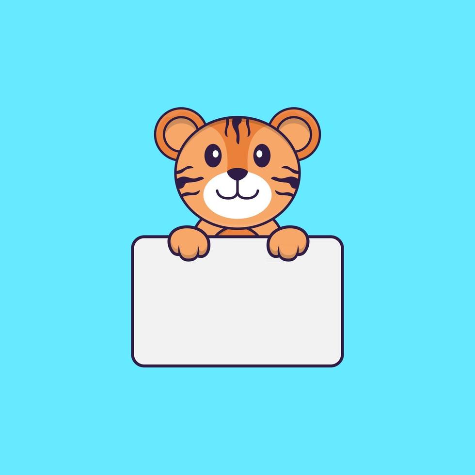Cute tiger holding whiteboard. Animal cartoon concept isolated. Can used for t-shirt, greeting card, invitation card or mascot. Flat Cartoon Style vector
