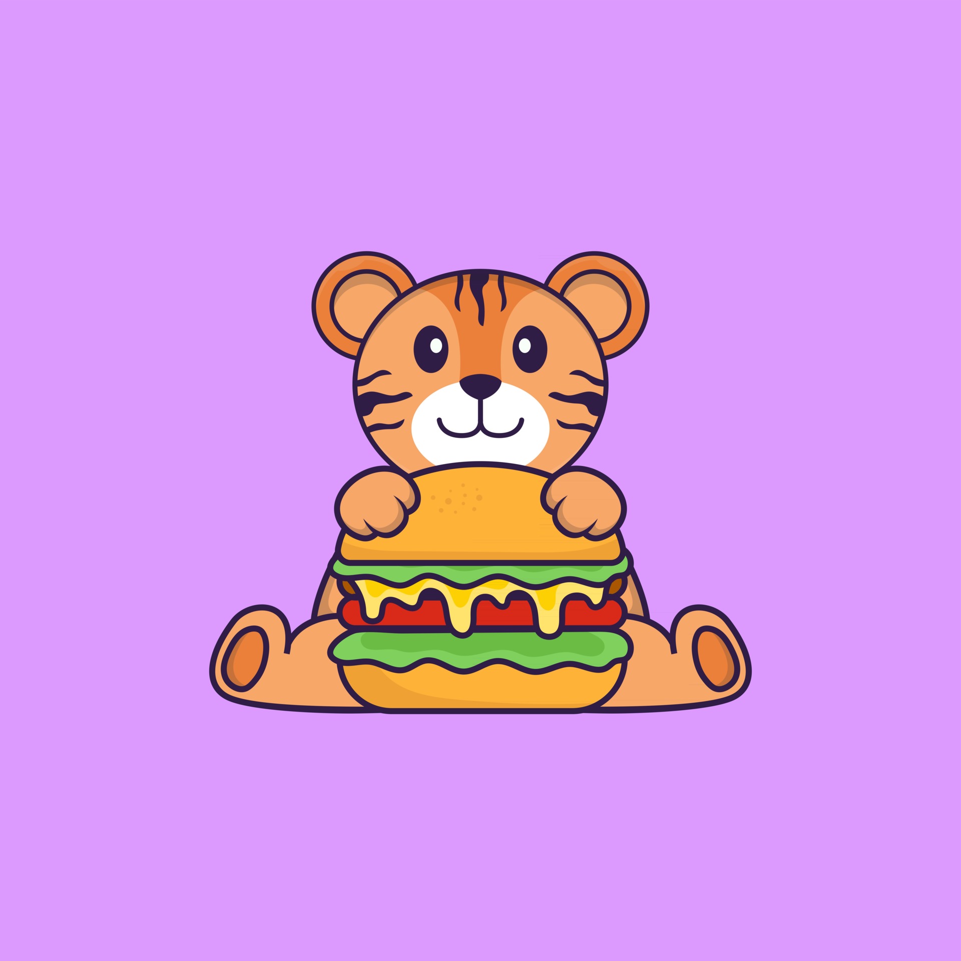 Cute tiger eating burger. Animal cartoon concept isolated. Can used for