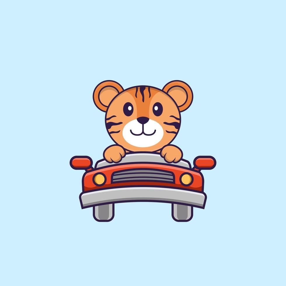 Cute tiger is driving. Animal cartoon concept isolated. Can used for t-shirt, greeting card, invitation card or mascot. Flat Cartoon Style vector
