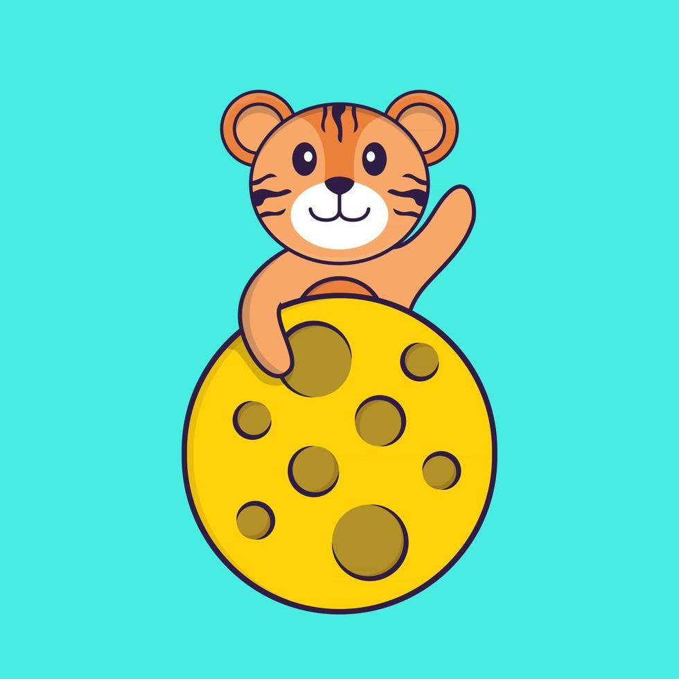 Cute tiger is on the moon. Animal cartoon concept isolated. Can used for t-shirt, greeting card, invitation card or mascot. Flat Cartoon Style vector