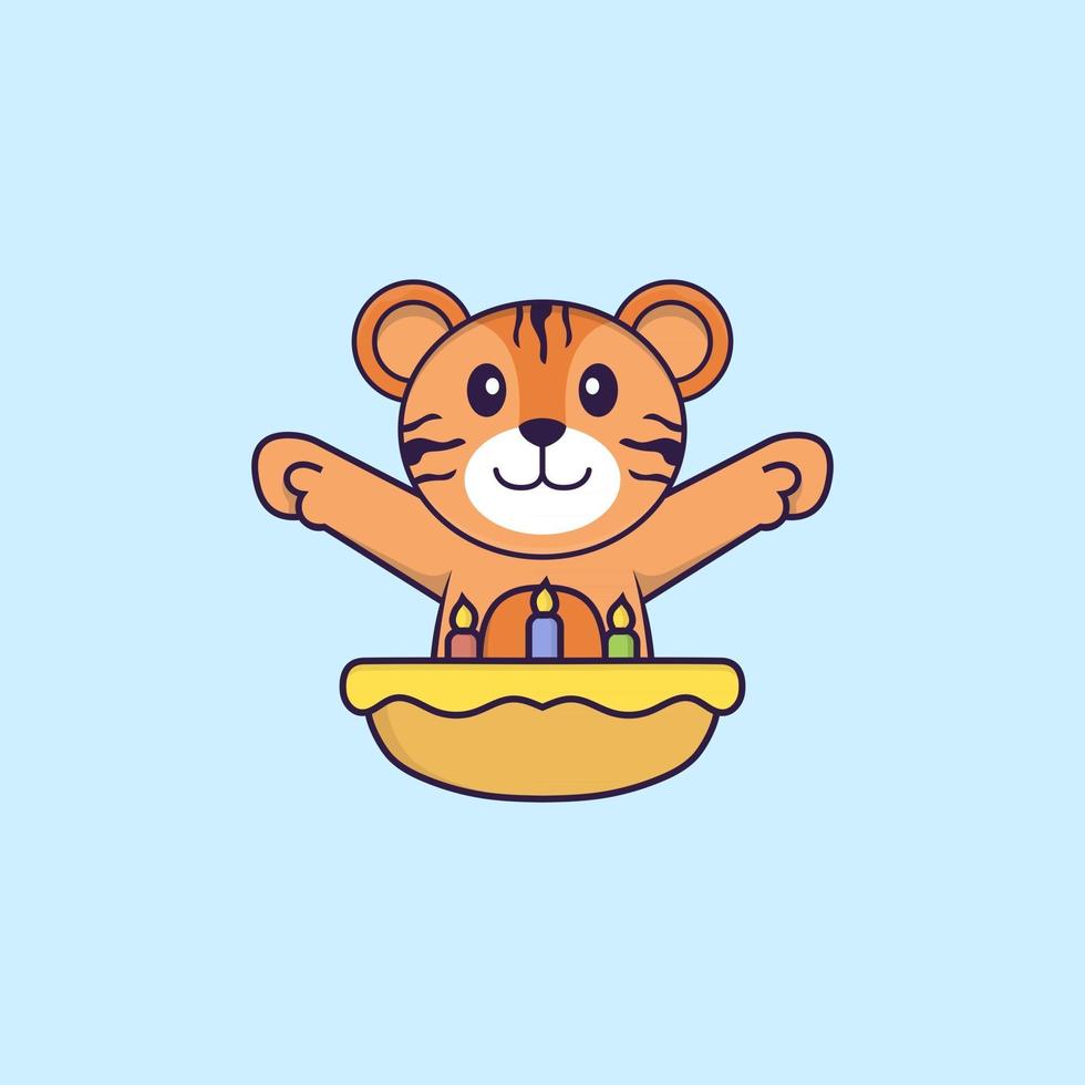 Cute tiger with birthday cake. Animal cartoon concept isolated. Can used for t-shirt, greeting card, invitation card or mascot. Flat Cartoon Style vector