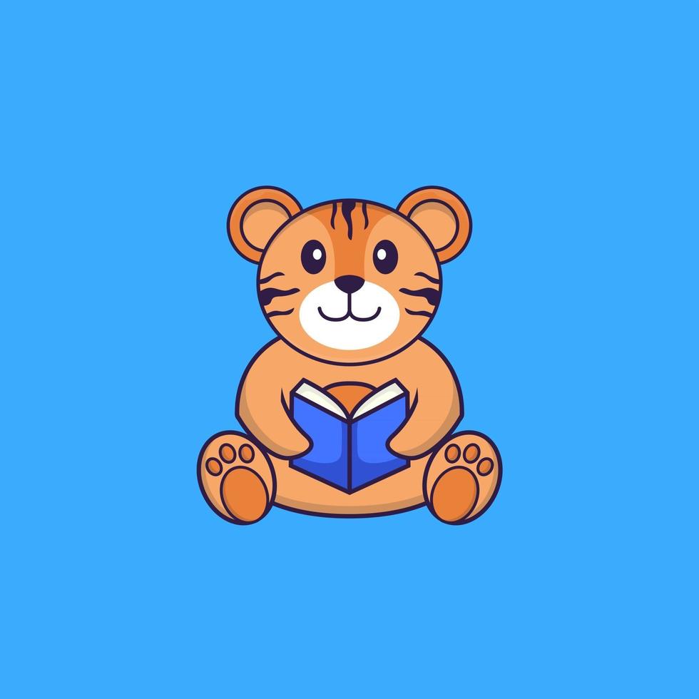 Cute tiger reading a book. Animal cartoon concept isolated. Can used for t-shirt, greeting card, invitation card or mascot. Flat Cartoon Style vector