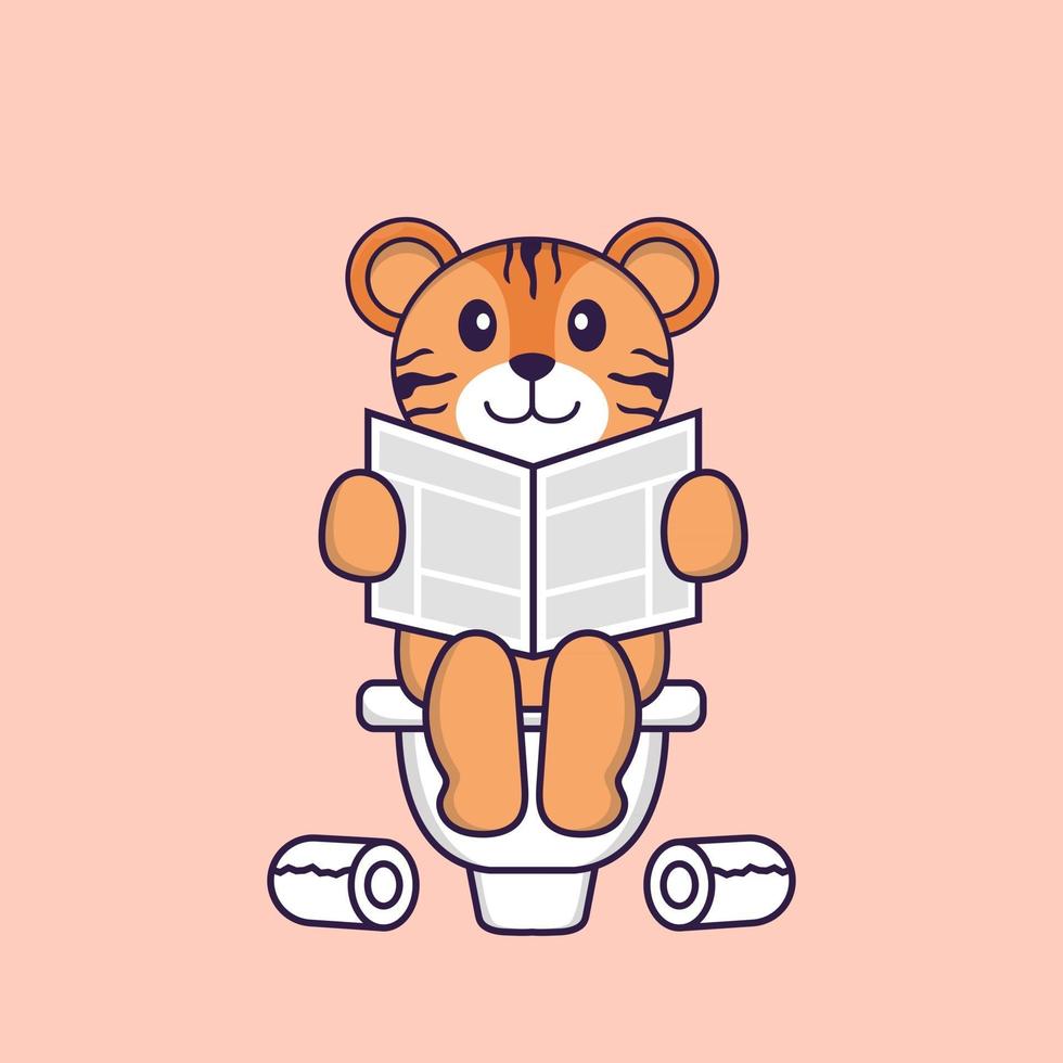 Cute tiger Pooping On Toilet and read newspaper. Animal cartoon concept isolated. Can used for t-shirt, greeting card, invitation card or mascot. Flat Cartoon Style vector