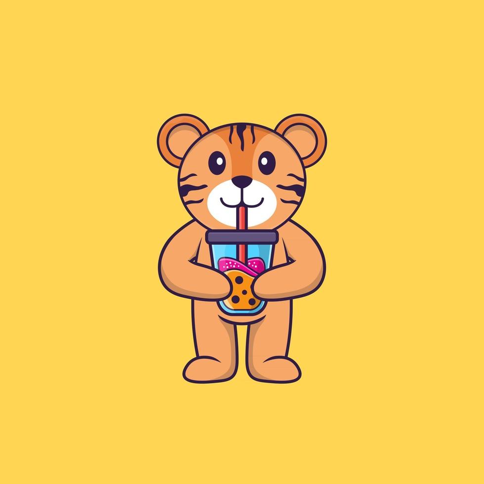 Cute tiger Drinking Boba milk tea. Animal cartoon concept isolated. Can used for t-shirt, greeting card, invitation card or mascot. Flat Cartoon Style vector