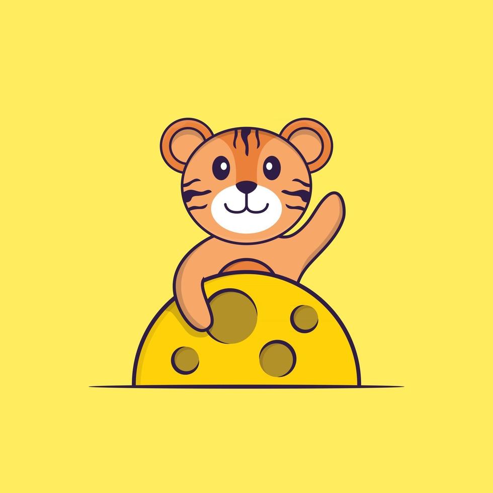 Cute tiger is on the moon. Animal cartoon concept isolated. Can used for t-shirt, greeting card, invitation card or mascot. Flat Cartoon Style vector