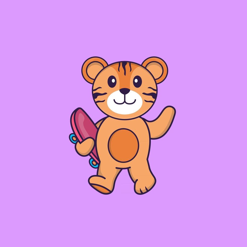 Cute tiger holding a skateboard. Animal cartoon concept isolated. Can used for t-shirt, greeting card, invitation card or mascot. Flat Cartoon Style vector