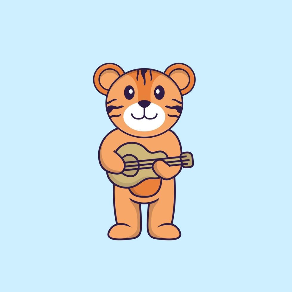 Cute tiger playing guitar. Animal cartoon concept isolated. Can used for t-shirt, greeting card, invitation card or mascot. Flat Cartoon Style vector