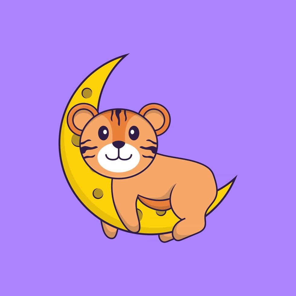 tigre lindo está en la luna. aislado concepto de dibujos animados de animales. Puede utilizarse para camiseta, tarjeta de felicitación, tarjeta de invitación o mascota. estilo de dibujos animados plana vector