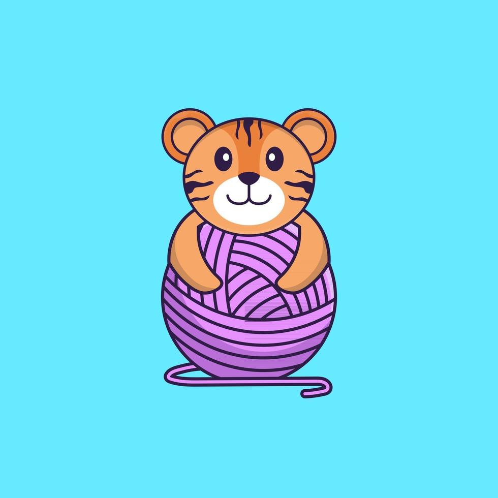 lindo tigre jugando con hilo de lana. aislado concepto de dibujos animados de animales. Puede utilizarse para camiseta, tarjeta de felicitación, tarjeta de invitación o mascota. estilo de dibujos animados plana vector