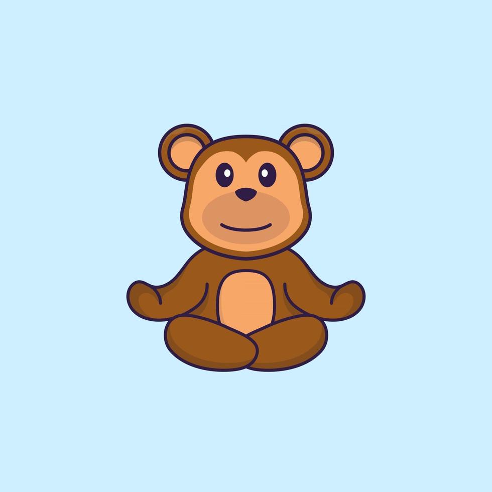 Cute monkey is meditating or doing yoga. Animal cartoon concept isolated. Can used for t-shirt, greeting card, invitation card or mascot. Flat Cartoon Style vector