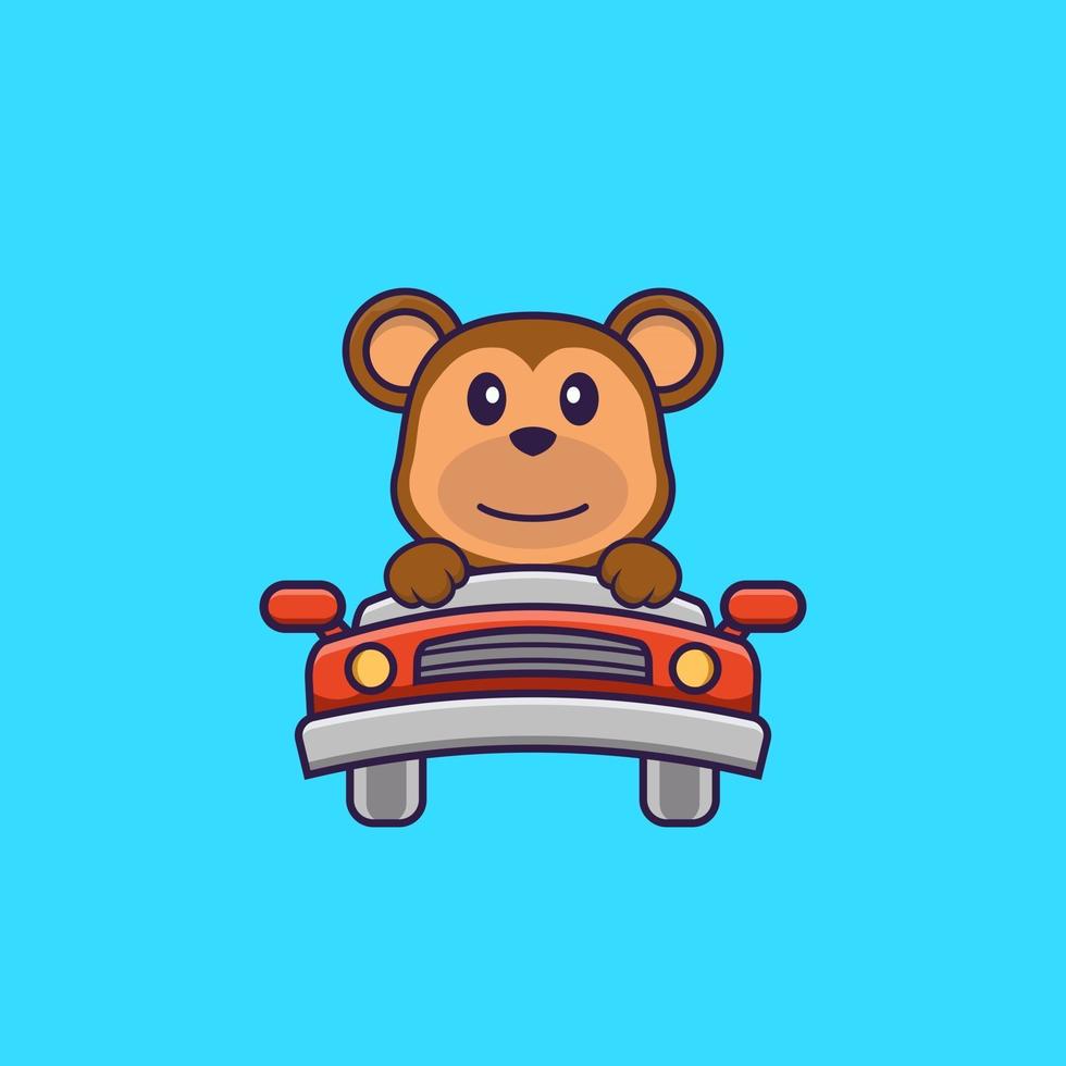 Cute monkey is driving. Animal cartoon concept isolated. Can used for t-shirt, greeting card, invitation card or mascot. Flat Cartoon Style vector