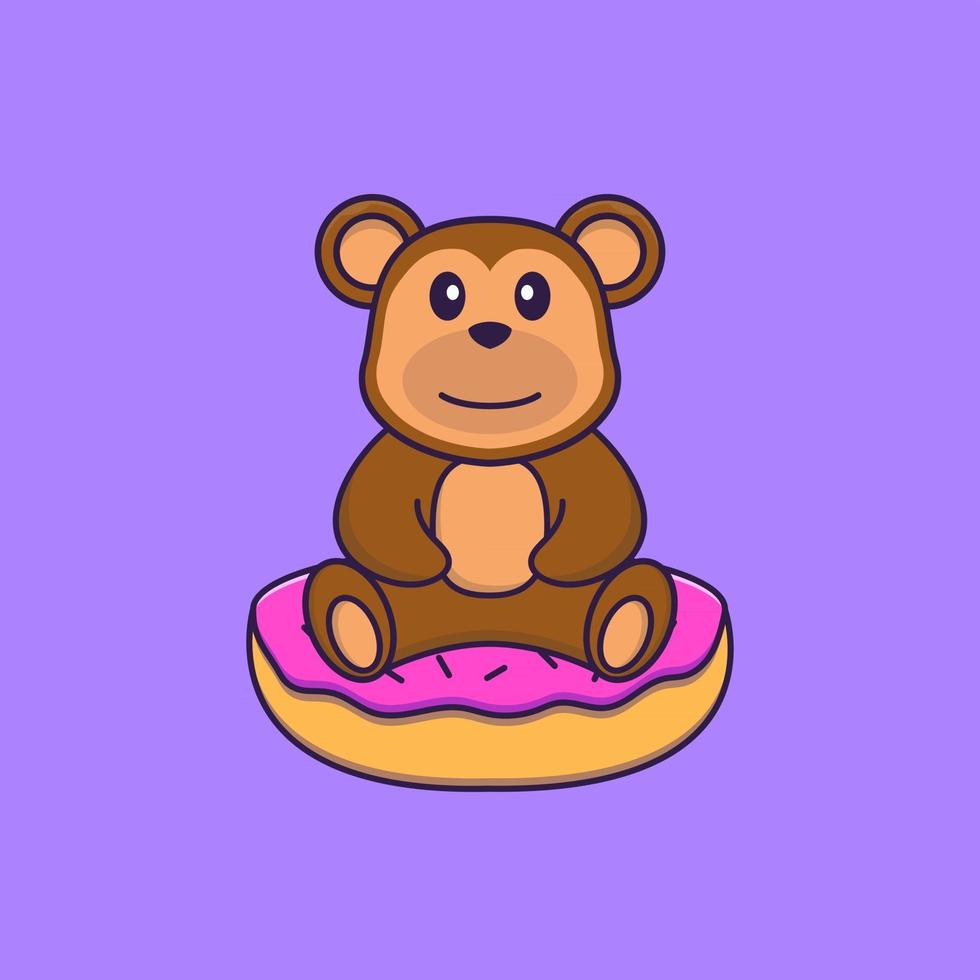 Cute monkey is sitting on donuts. Animal cartoon concept isolated. Can used for t-shirt, greeting card, invitation card or mascot. Flat Cartoon Style vector