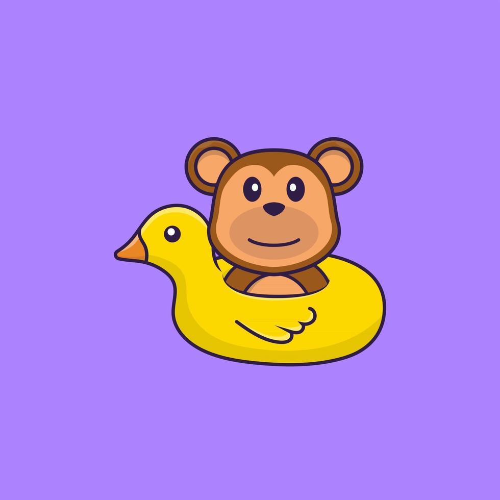 Cute monkey With Duck buoy. Animal cartoon concept isolated. Can used for t-shirt, greeting card, invitation card or mascot. Flat Cartoon Style vector