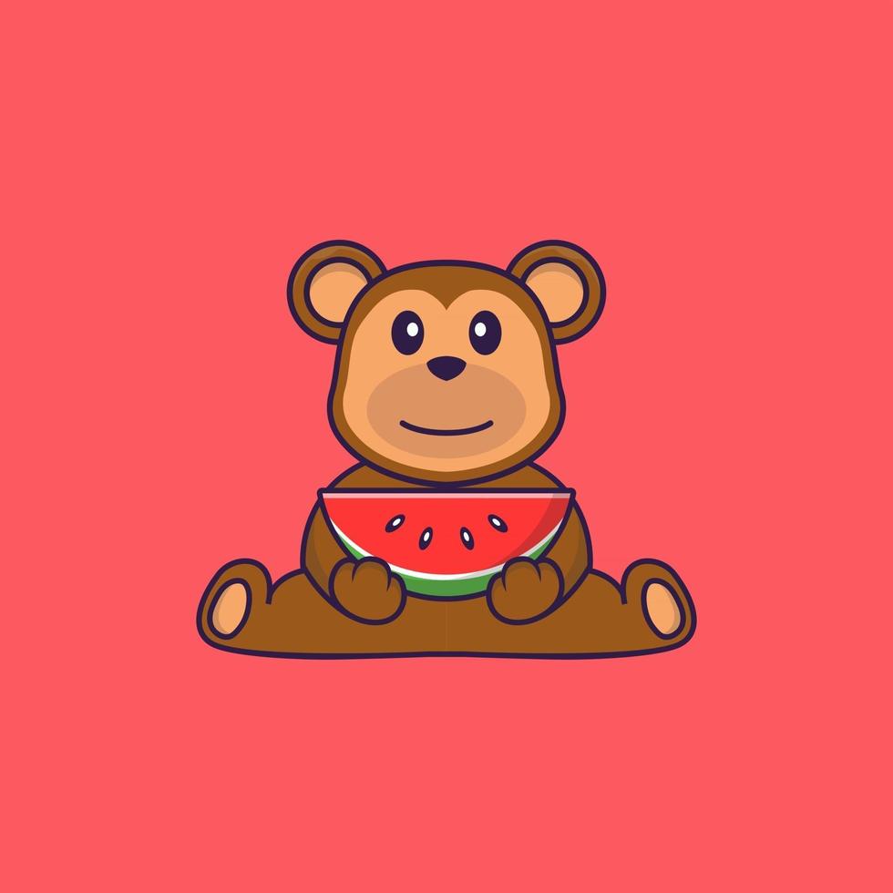 Cute monkey eating watermelon. Animal cartoon concept isolated. Can used for t-shirt, greeting card, invitation card or mascot. Flat Cartoon Style vector