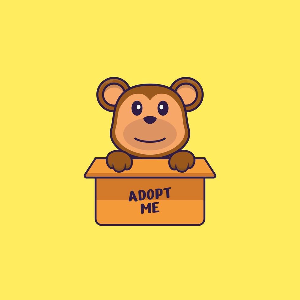 Cute monkey in box with a poster Adopt me. Animal cartoon concept isolated. Can used for t-shirt, greeting card, invitation card or mascot. Flat Cartoon Style vector