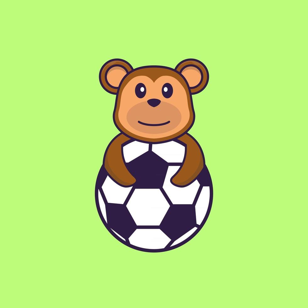 Cute monkey playing soccer. Animal cartoon concept isolated. Can used for t-shirt, greeting card, invitation card or mascot. Flat Cartoon Style vector