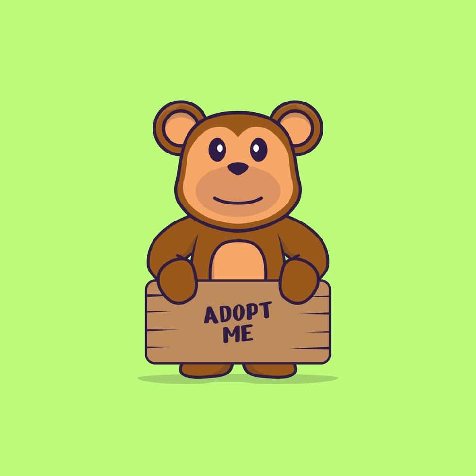 Cute monkey holding a poster Adopt me. Animal cartoon concept isolated. Can used for t-shirt, greeting card, invitation card or mascot. Flat Cartoon Style vector