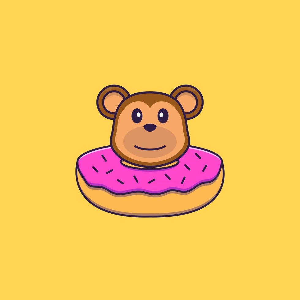 Cute monkey with a donut on his neck. Animal cartoon concept isolated. Can used for t-shirt, greeting card, invitation card or mascot. Flat Cartoon Style vector