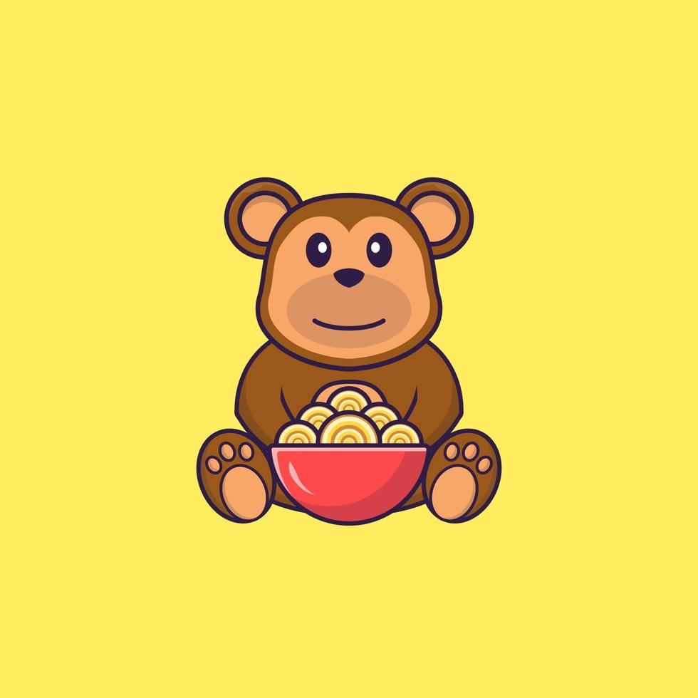 Cute monkey eating ramen noodles. Animal cartoon concept isolated. Can used for t-shirt, greeting card, invitation card or mascot. Flat Cartoon Style vector