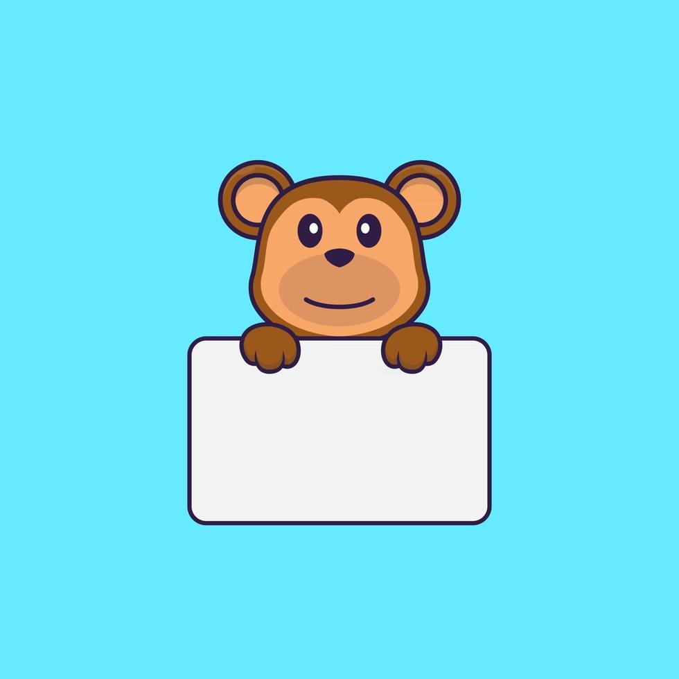Cute monkey holding whiteboard. Animal cartoon concept isolated. Can used for t-shirt, greeting card, invitation card or mascot. Flat Cartoon Style vector