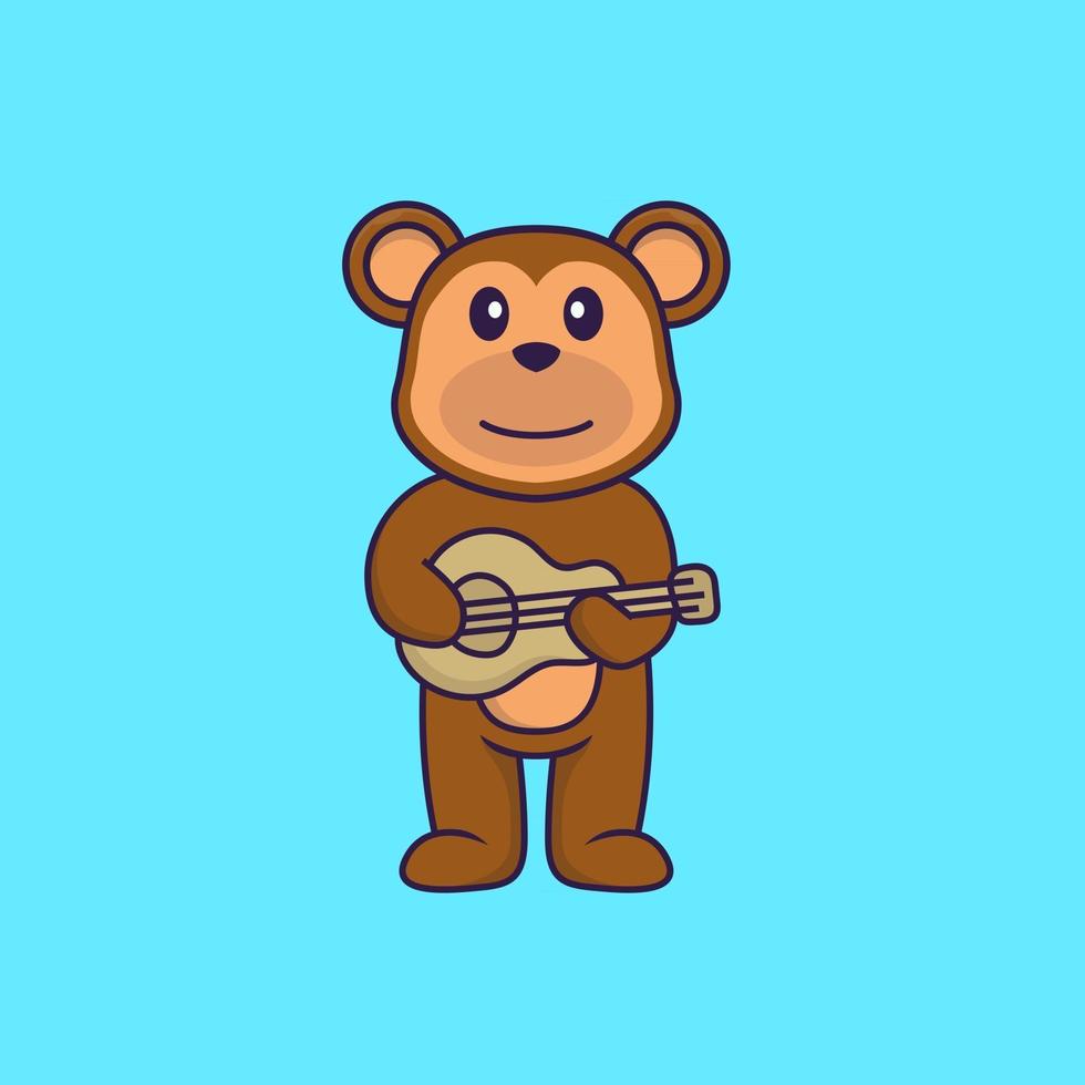 Cute monkey playing guitar. Animal cartoon concept isolated. Can used for t-shirt, greeting card, invitation card or mascot. Flat Cartoon Style vector