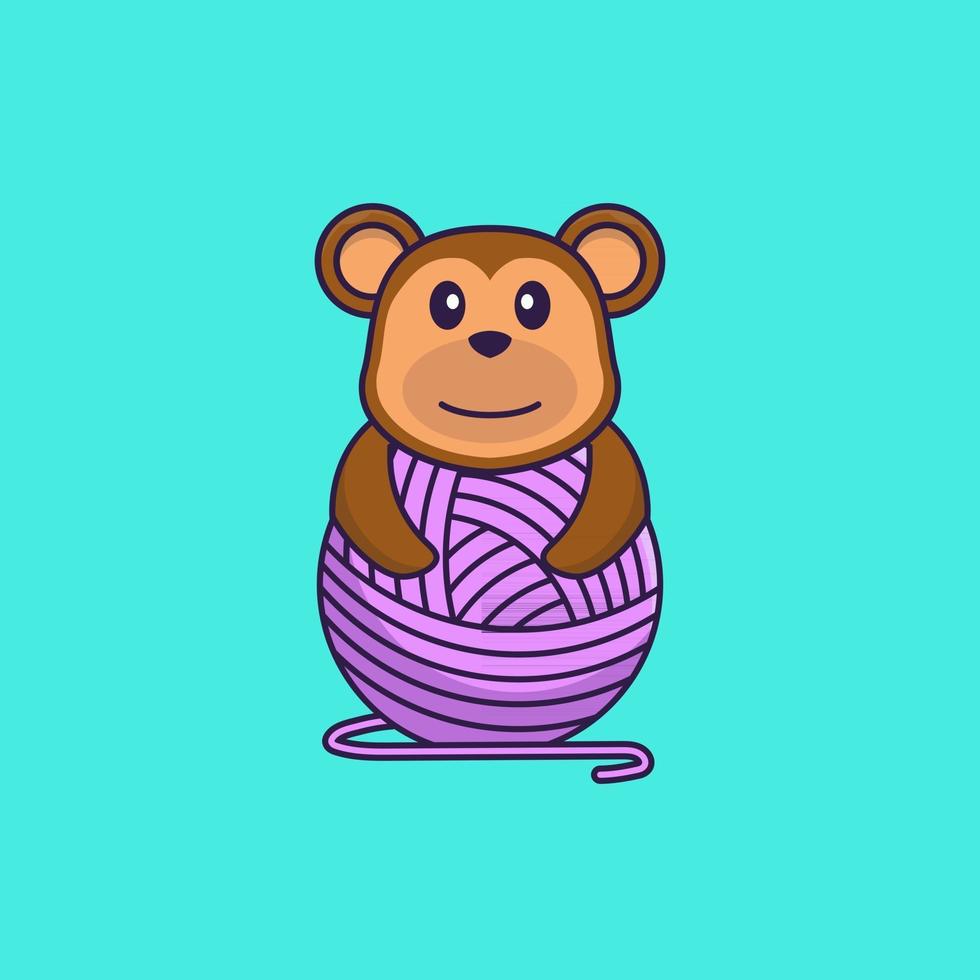 Cute monkey playing with wool yarn. Animal cartoon concept isolated. Can used for t-shirt, greeting card, invitation card or mascot. Flat Cartoon Style vector