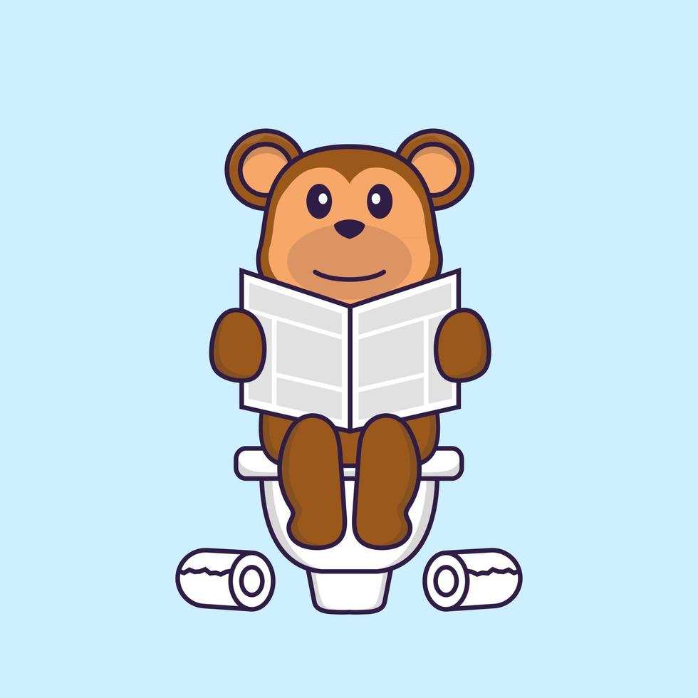 Cute monkey Pooping On Toilet and read newspaper. Animal cartoon concept isolated. Can used for t-shirt, greeting card, invitation card or mascot. Flat Cartoon Style vector