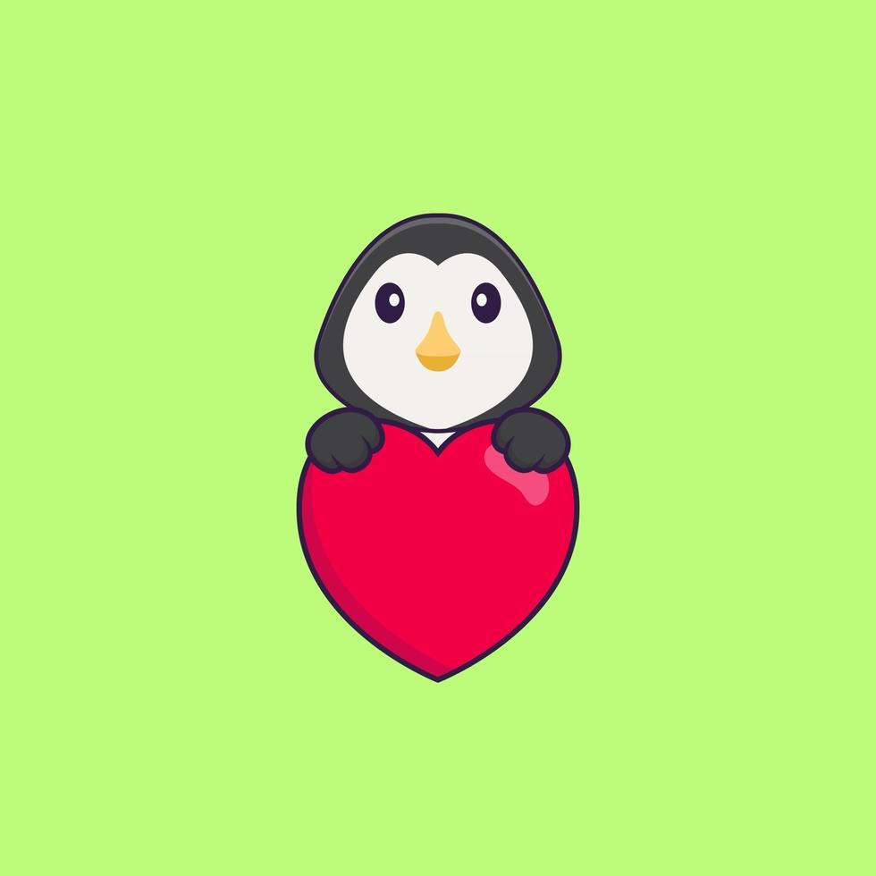 lindo pingüino sosteniendo un gran corazón rojo. aislado concepto de dibujos animados de animales. Puede utilizarse para camiseta, tarjeta de felicitación, tarjeta de invitación o mascota. estilo de dibujos animados plana vector