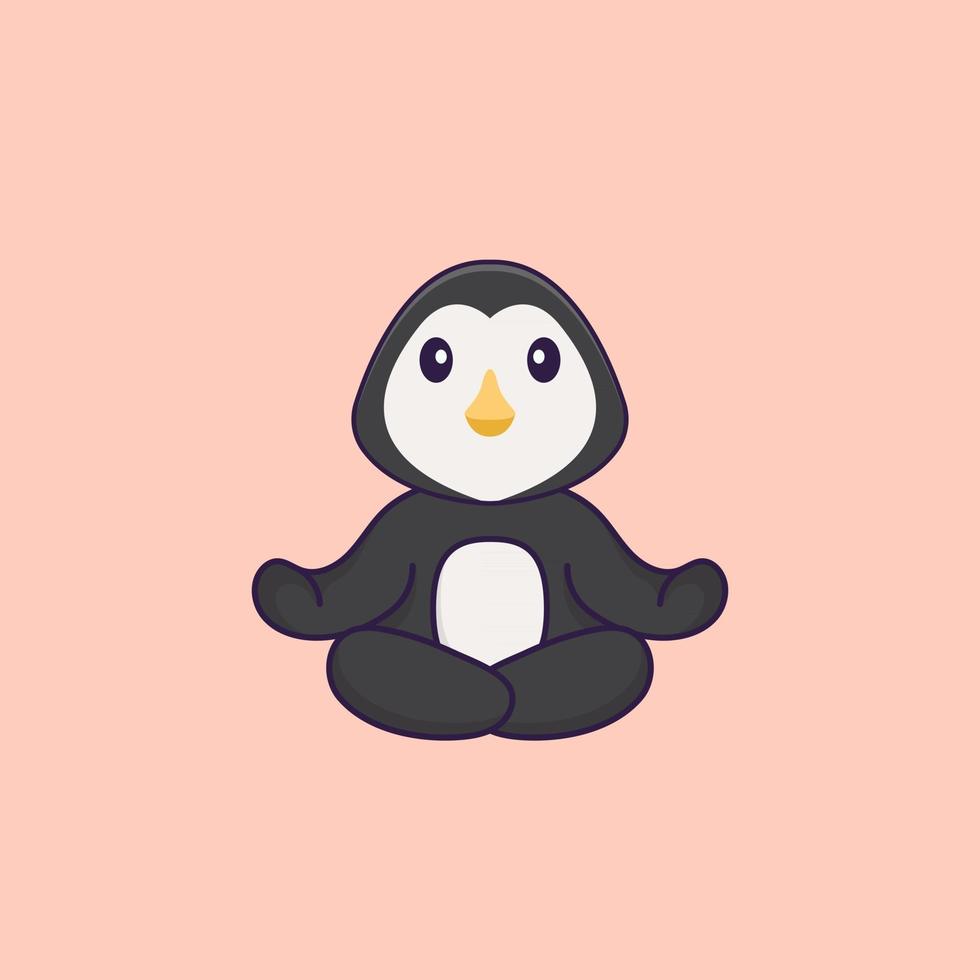Cute penguin is meditating or doing yoga. Animal cartoon concept isolated. Can used for t-shirt, greeting card, invitation card or mascot. Flat Cartoon Style vector