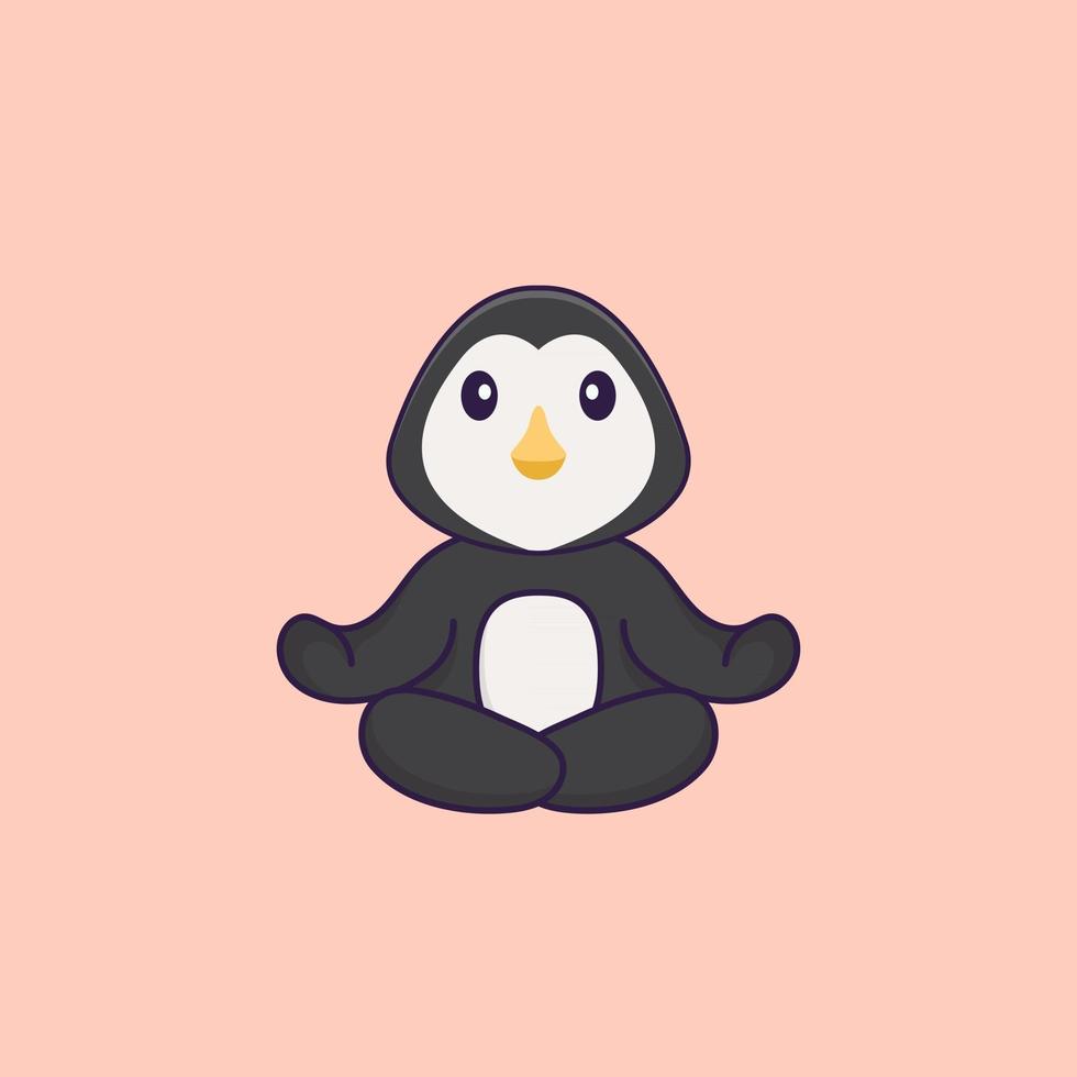 Cute penguin is meditating or doing yoga. Animal cartoon concept isolated. Can used for t-shirt, greeting card, invitation card or mascot. Flat Cartoon Style vector