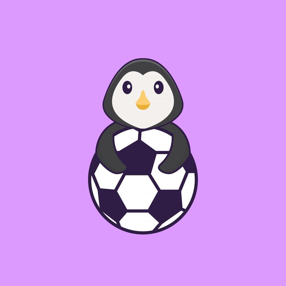 Cute penguin playing soccer. Animal cartoon concept isolated. Can used for t-shirt, greeting card, invitation card or mascot. Flat Cartoon Style vector