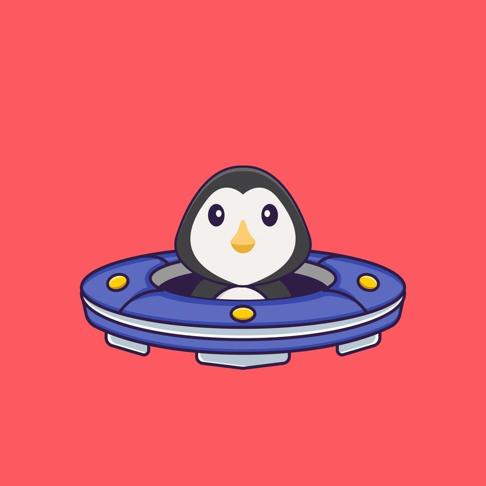 Cute penguin Driving Spaceship Ufo. Animal cartoon concept isolated. Can used for t-shirt, greeting card, invitation card or mascot. Flat Cartoon Style vector