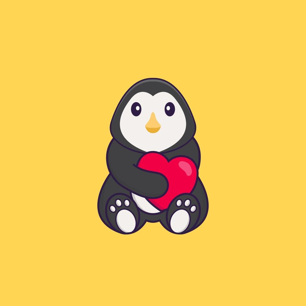 Cute penguin holding a big red heart. Animal cartoon concept isolated. Can used for t-shirt, greeting card, invitation card or mascot. Flat Cartoon Style vector
