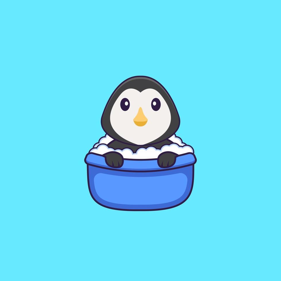 Cute penguin taking a bath in the bathtub. Animal cartoon concept isolated. Can used for t-shirt, greeting card, invitation card or mascot. Flat Cartoon Style vector