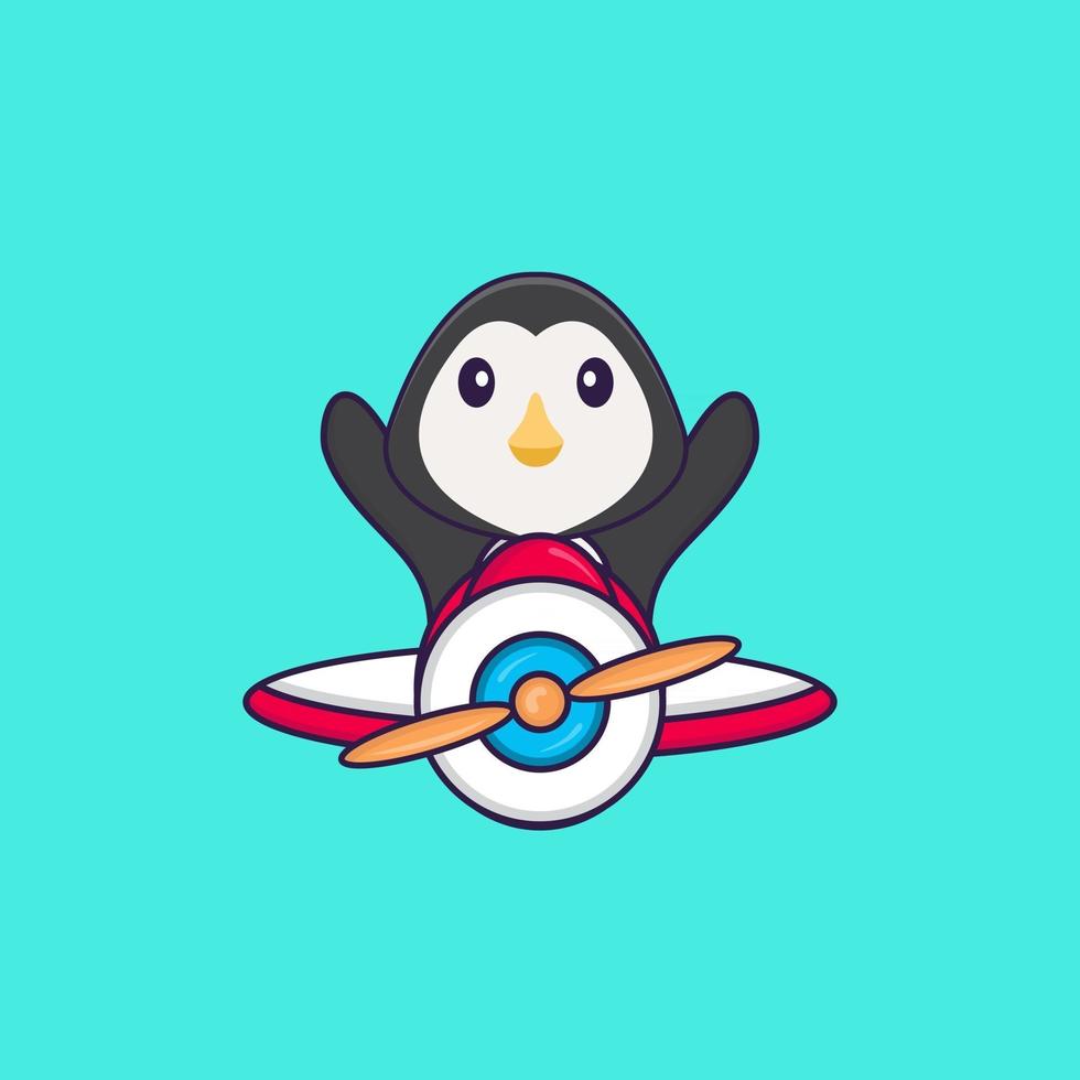 lindo pingüino volando en un avión. aislado concepto de dibujos animados de animales. Puede utilizarse para camiseta, tarjeta de felicitación, tarjeta de invitación o mascota. estilo de dibujos animados plana vector