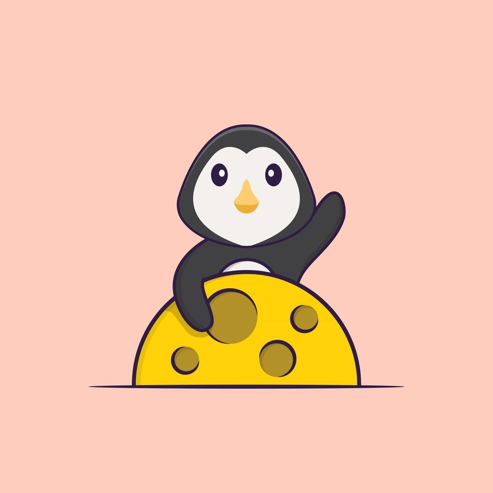 Cute penguin is on the moon. Animal cartoon concept isolated. Can used for t-shirt, greeting card, invitation card or mascot. Flat Cartoon Style vector