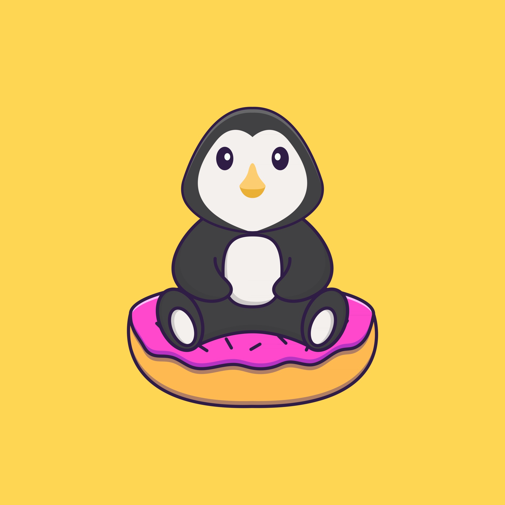 Cute penguin is sitting on donuts. Animal cartoon concept isolated. Can