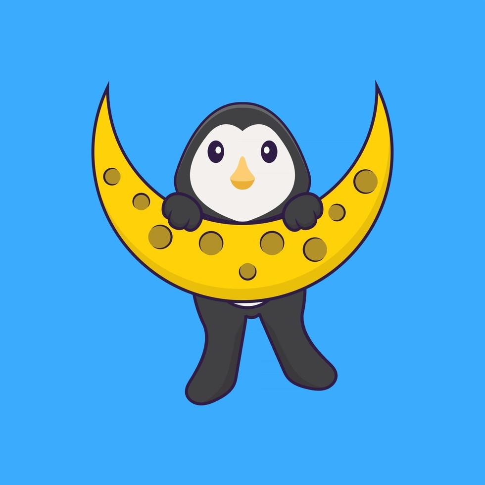 Cute penguin is on the moon. Animal cartoon concept isolated. Can used for t-shirt, greeting card, invitation card or mascot. Flat Cartoon Style vector